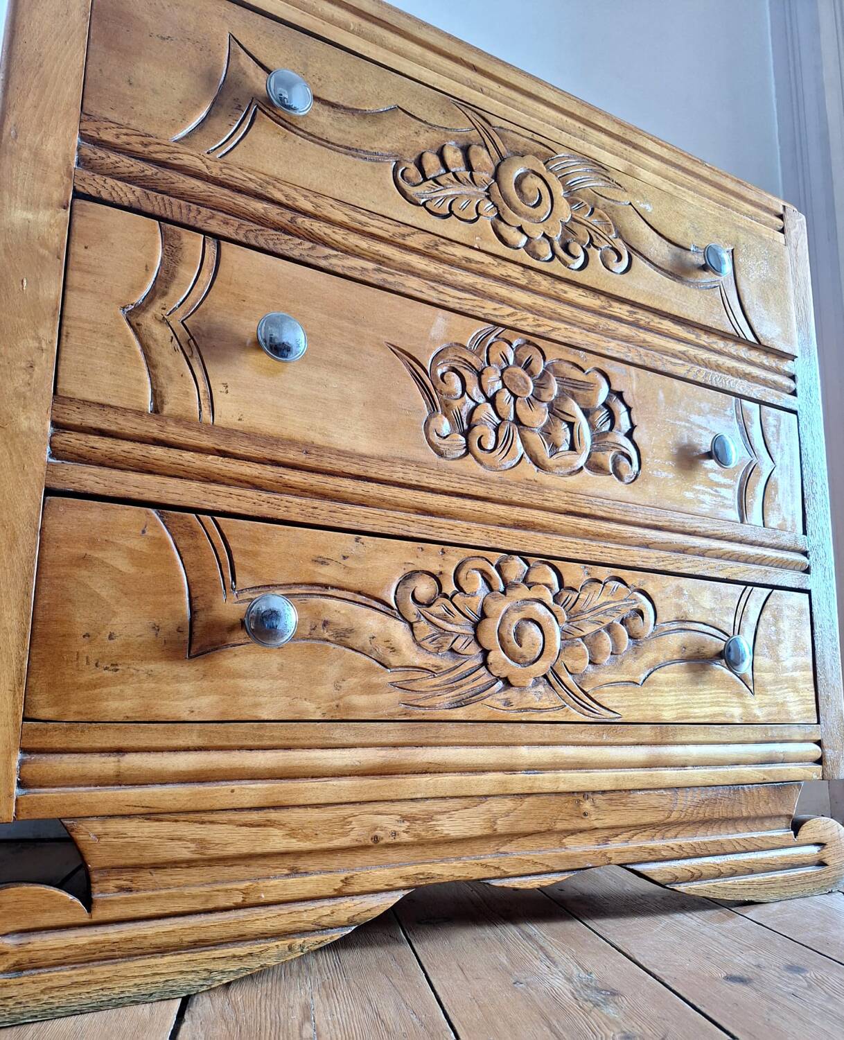 Art deco chest of drawers with wooden top, vintage antique furniture