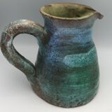 Vintage broc pitcher in enamelled sandstone with effect of blue shades, turquoise green signed