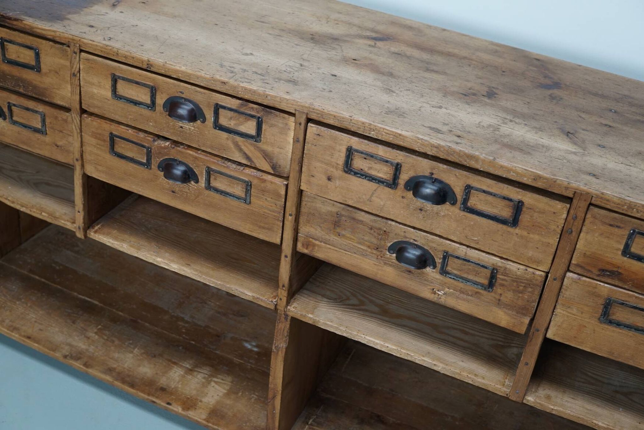 Vintage rustic German pine apothecary cabinet / shop counter, 1930s