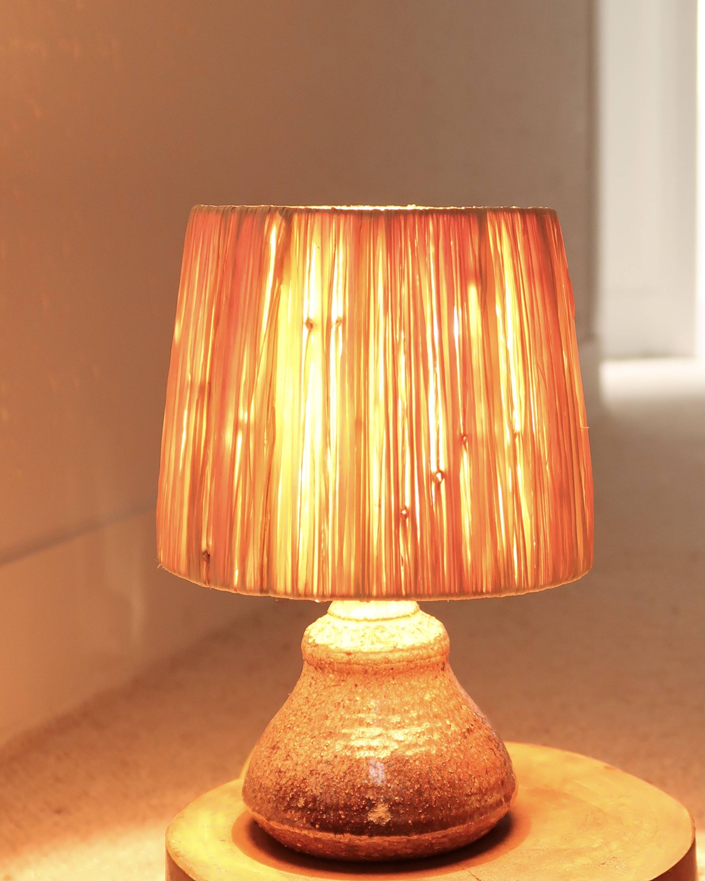 Ceramic stoneware lamp, raffia lampshade, 1960s