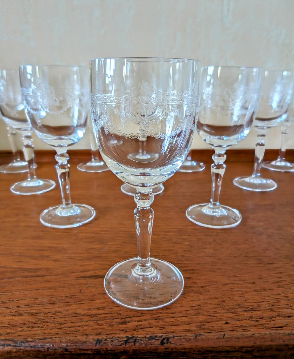 Antique engraved crystal glasses Dampierre model