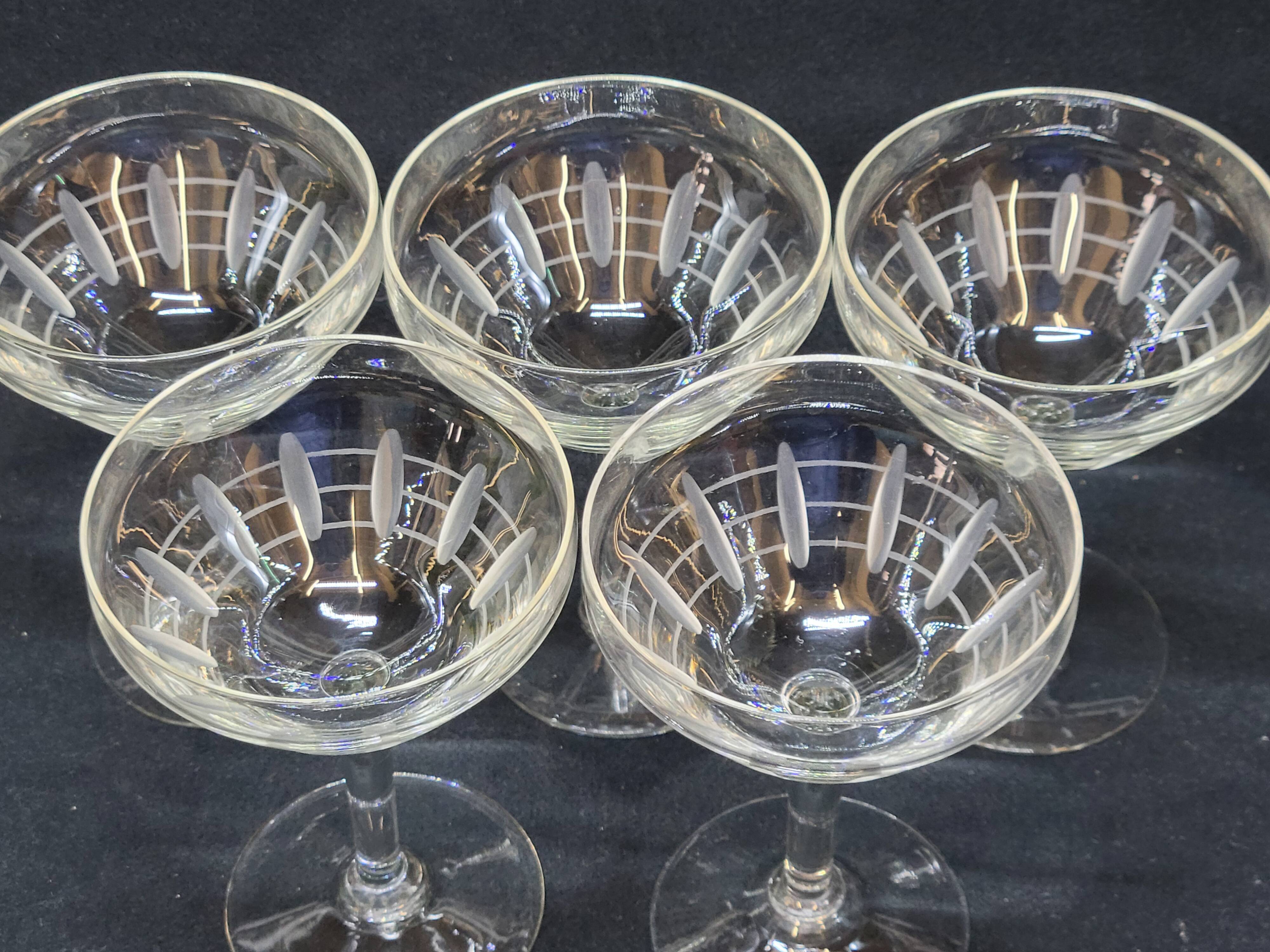 5 Antique Art Deco Palmette Cut Crystal Champagne Glasses