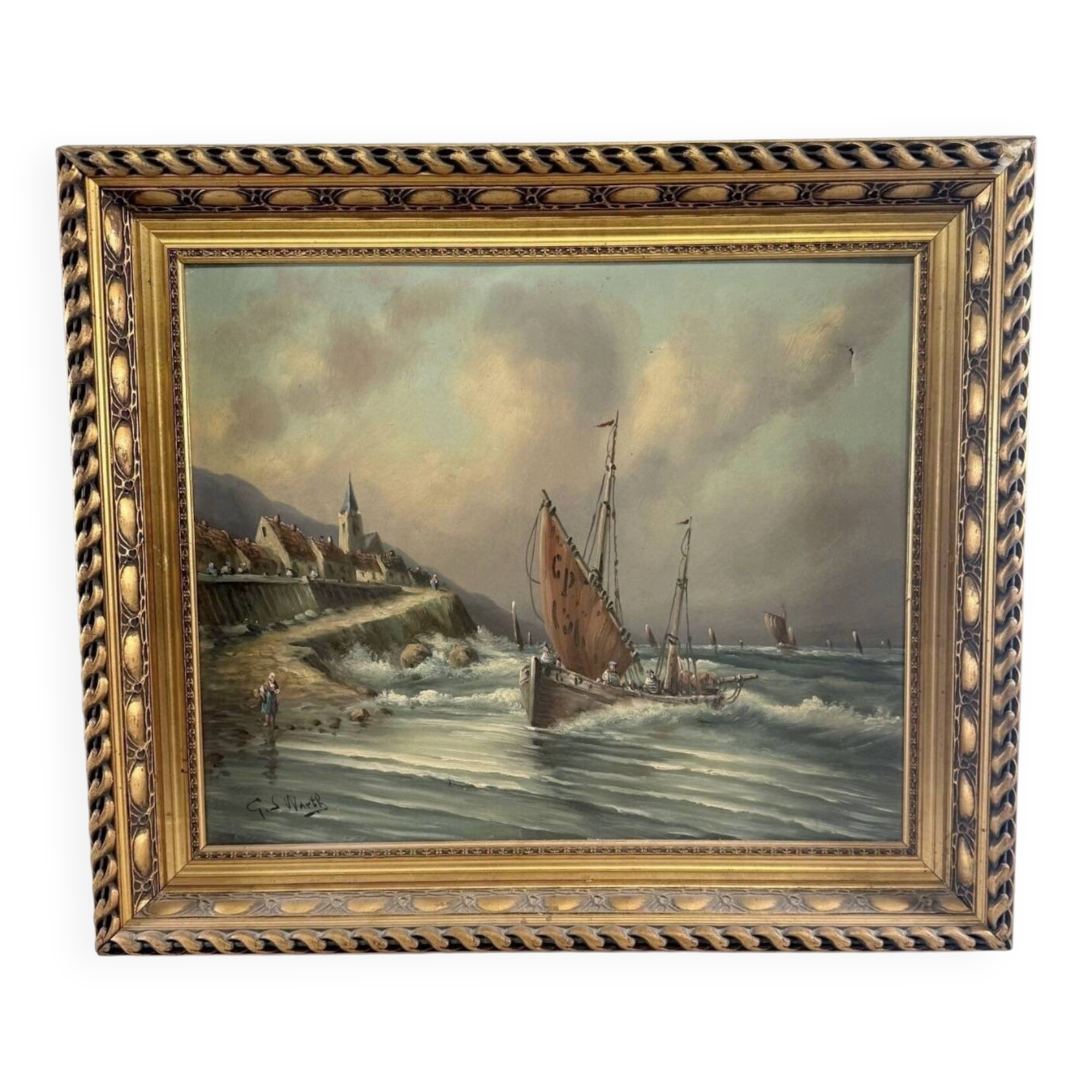 Oil on canvas marine signed G.S. Warth – Coastal village and sailing boats