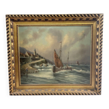 Oil on canvas marine signed G.S. Warth – Coastal village and sailing boats