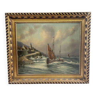 Oil on canvas marine signed G.S. Warth – Coastal village and sailing boats