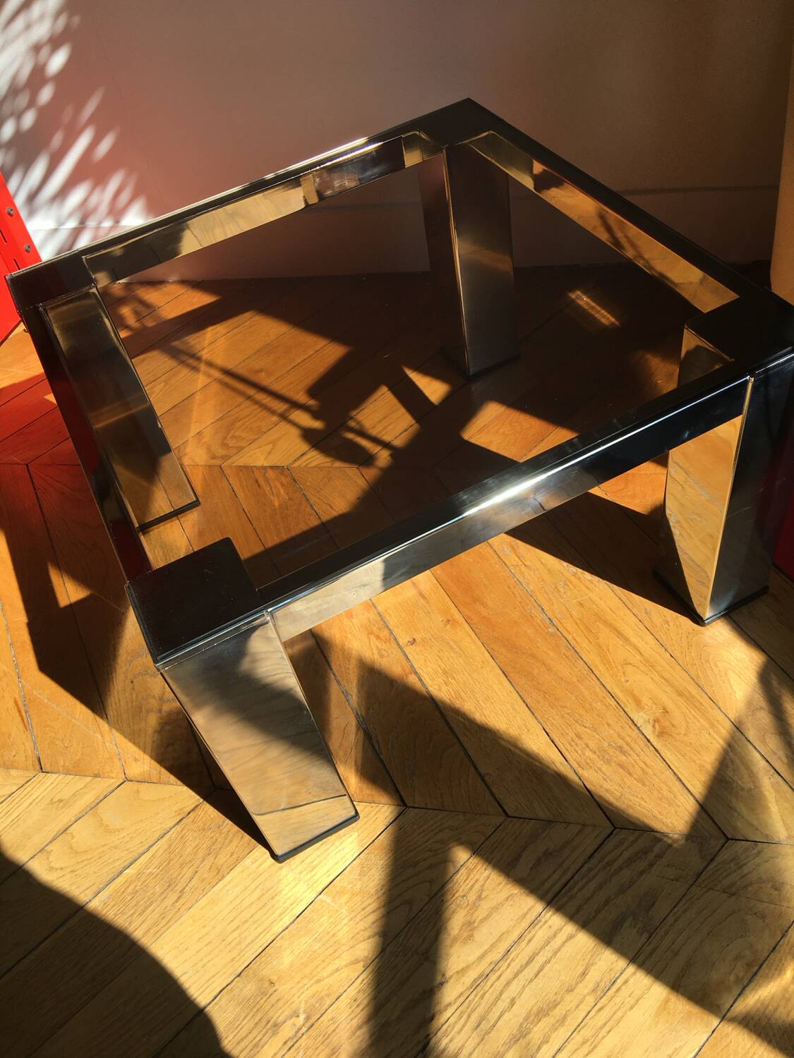 Chromed metal and smoked glass coffee table, 1980s.
