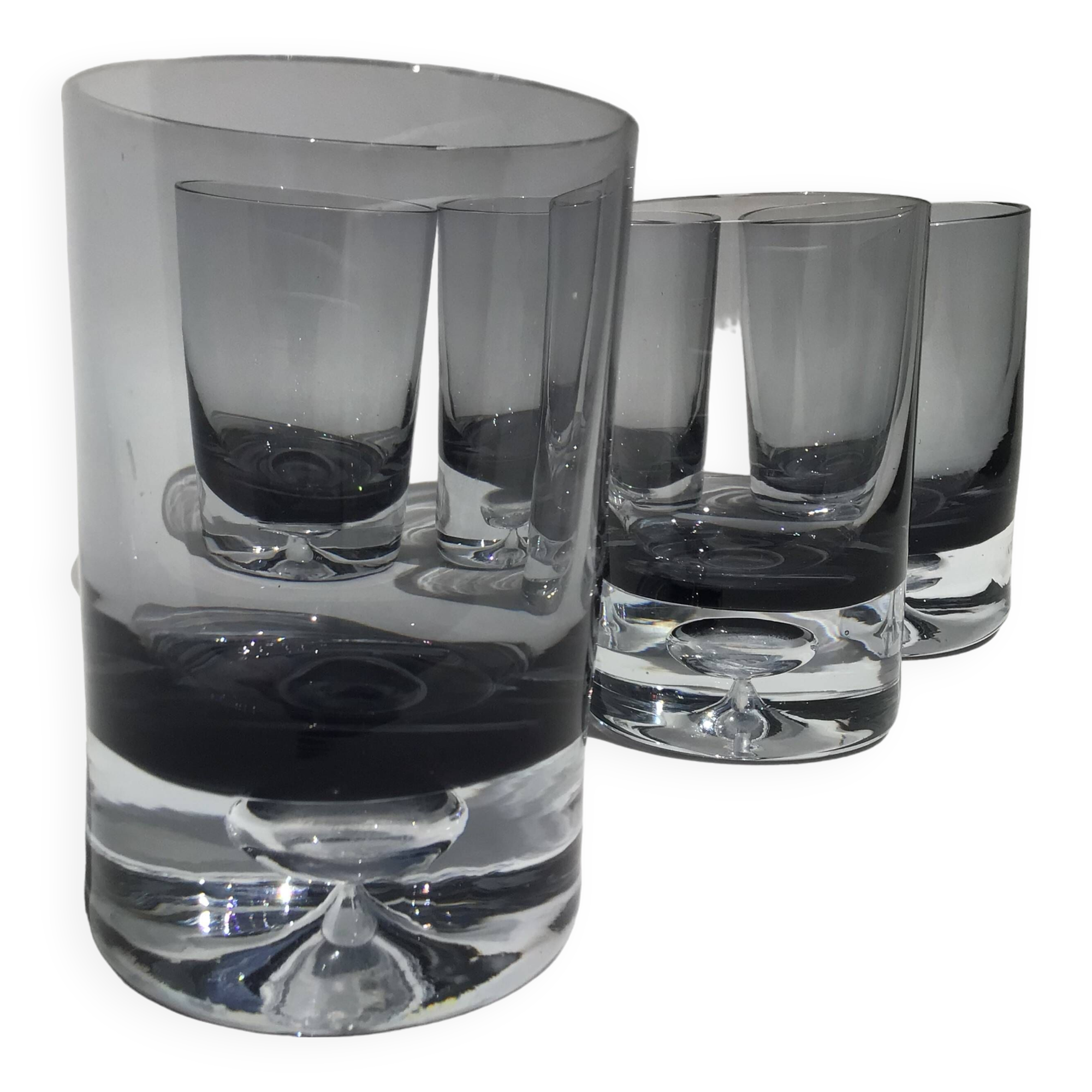 5 70's large bubble black smoked whiskey glasses