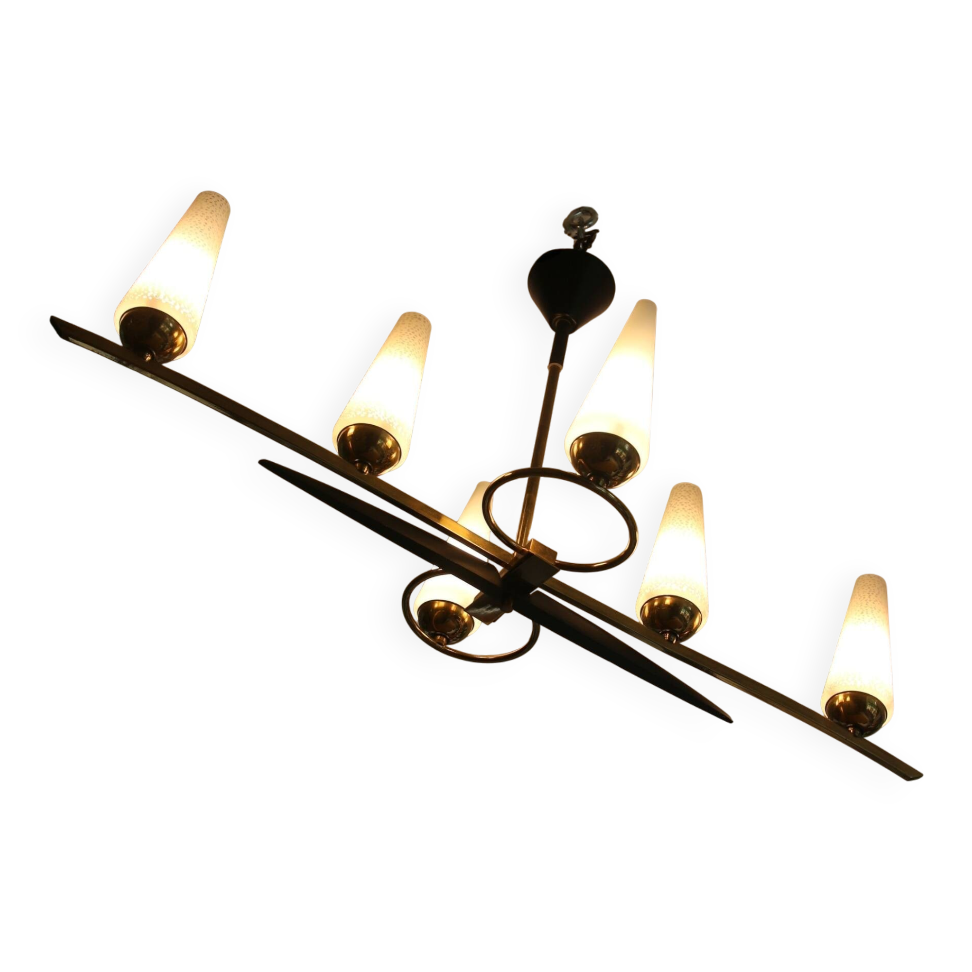 Mid-Century 6-Light Chandelier - Opaline and Brass