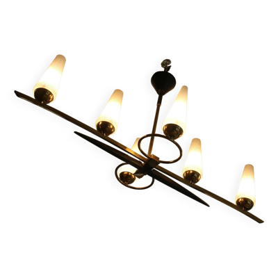 Lustre 6 feux Mid-Century - Opaline et laiton - Style Lunel - Arlus