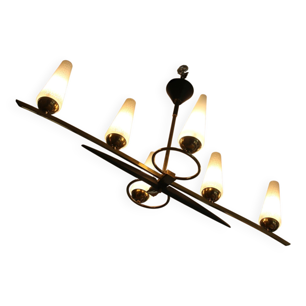 Lustre 6 feux Mid-Century - Opaline et laiton