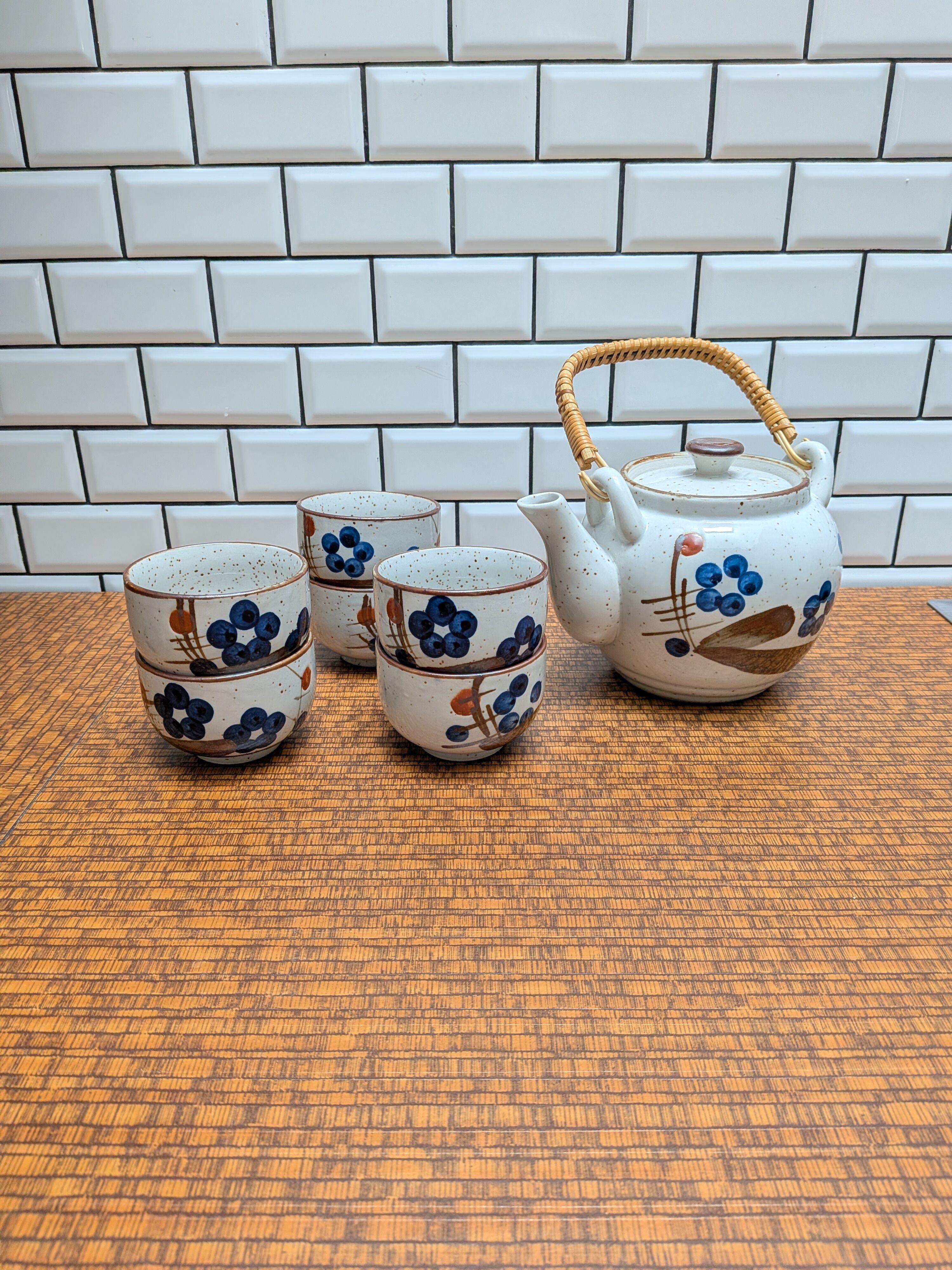 Japanese tea service stoneware bamboo teapot 6 cups 70s hand-painted blueberry