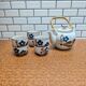 Japanese tea service stoneware bamboo teapot 6 cups 70s hand-painted blueberry