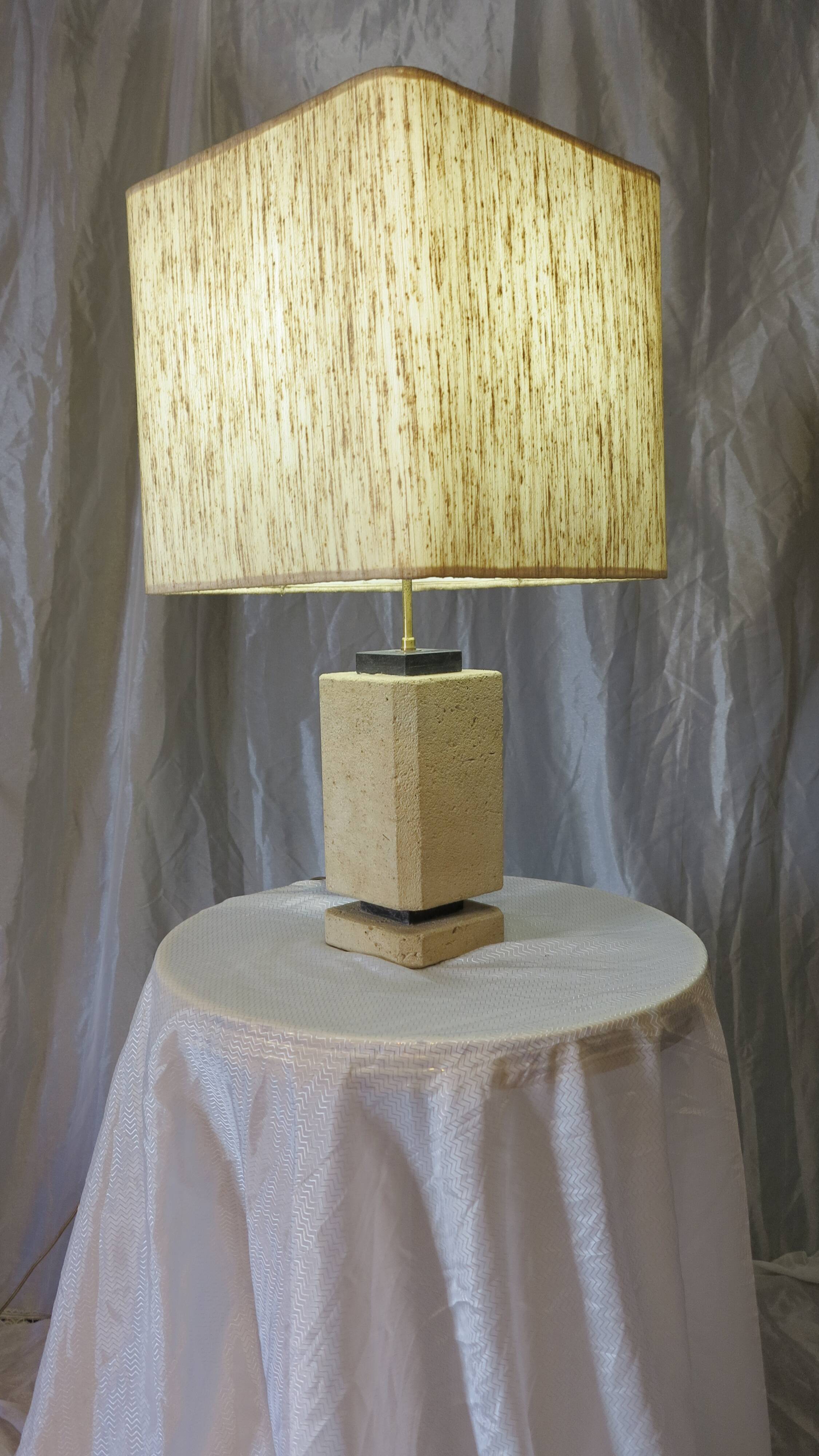 Stone, black marble and mottled silk table lamp