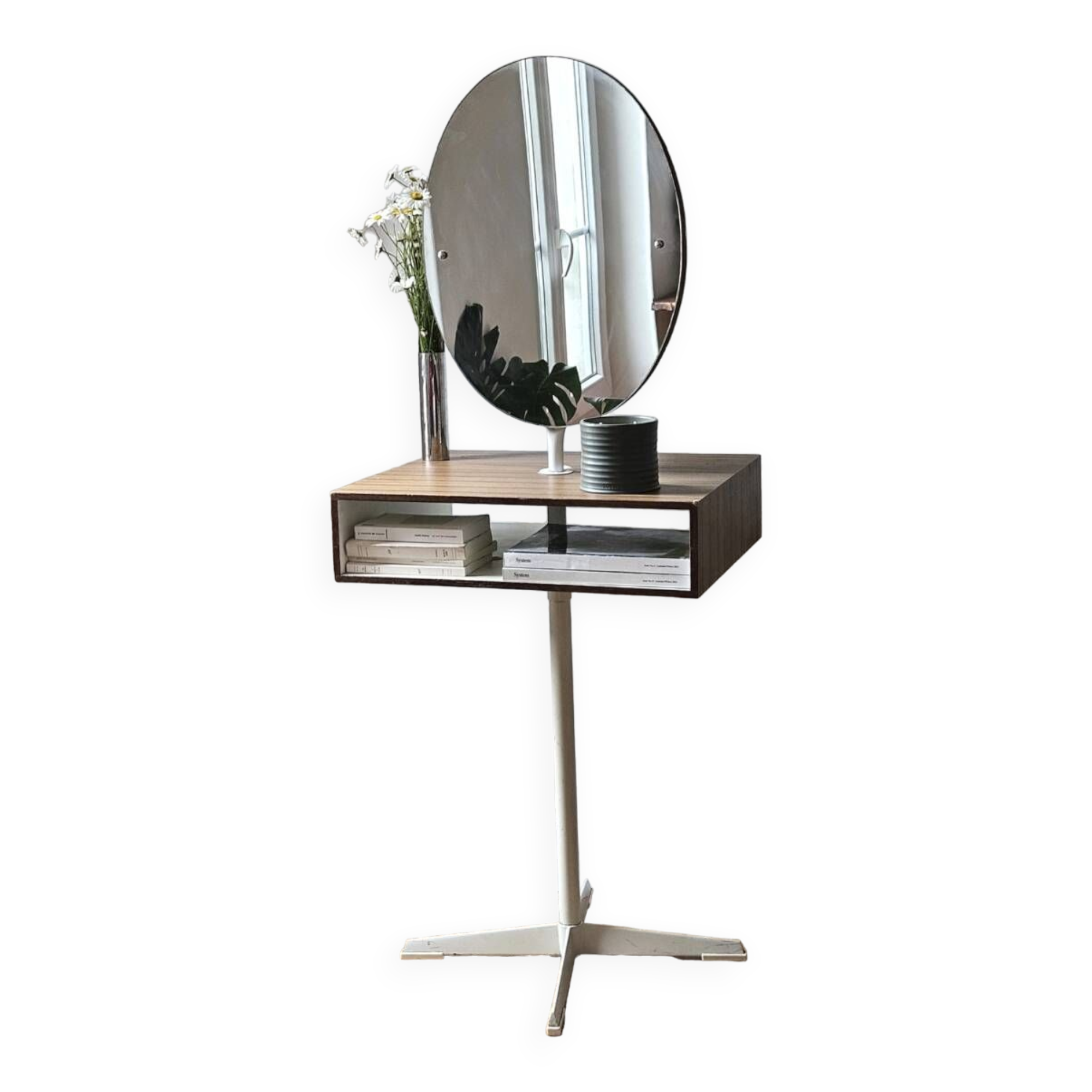 Coiffeuse en bois de style mid-century des années 1960 avec miroir pivotant.
