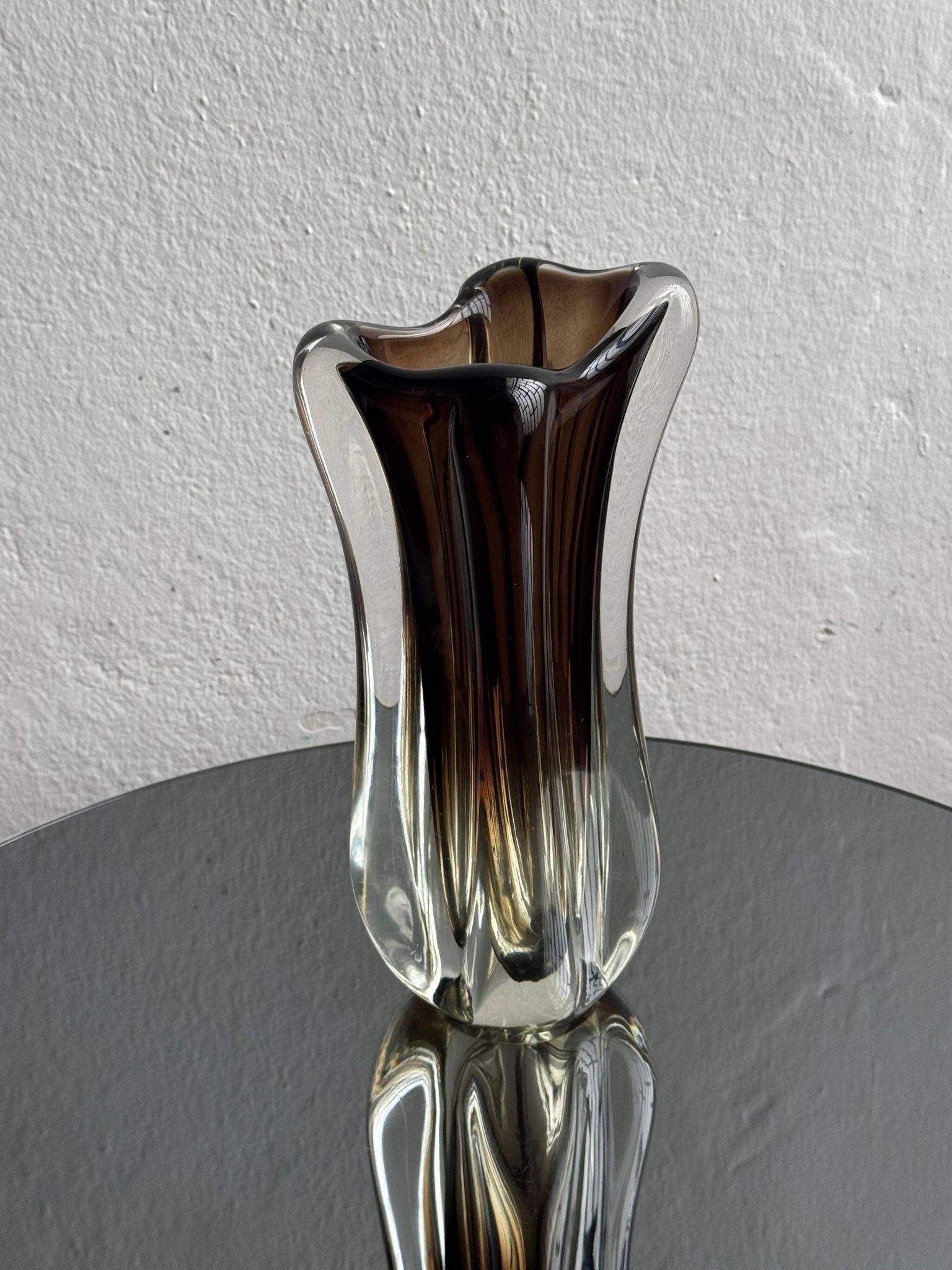 Vintage Murano-Style Art Glass Sommerso Handkerchief Vase, Amber & Clear