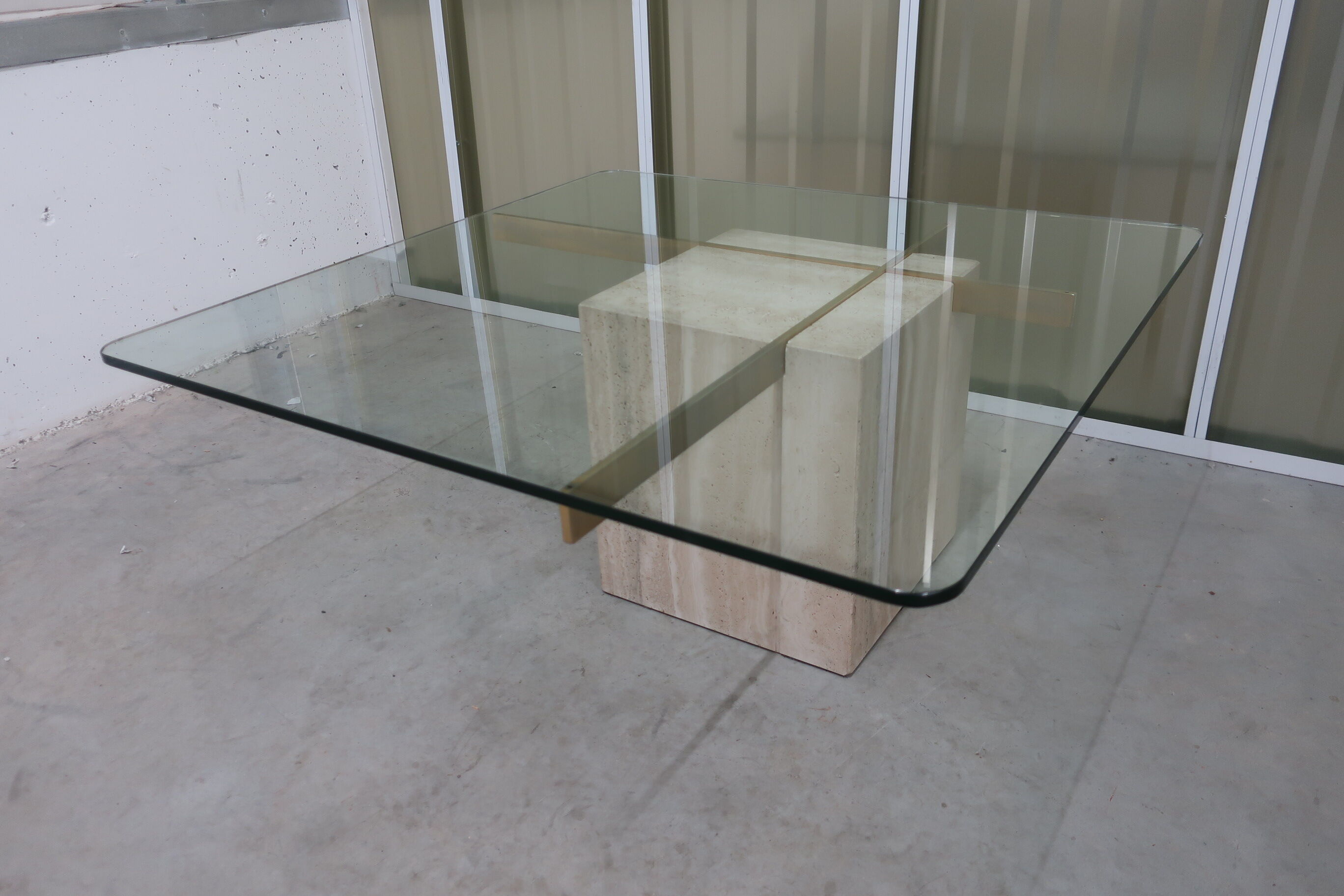 70s travertine and brass coffee table