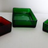Set with appetizers, wicker tray and 3 colored glass ramekins
