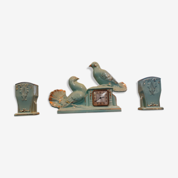 Pendule aux colombes vintage année 40 en céramique
