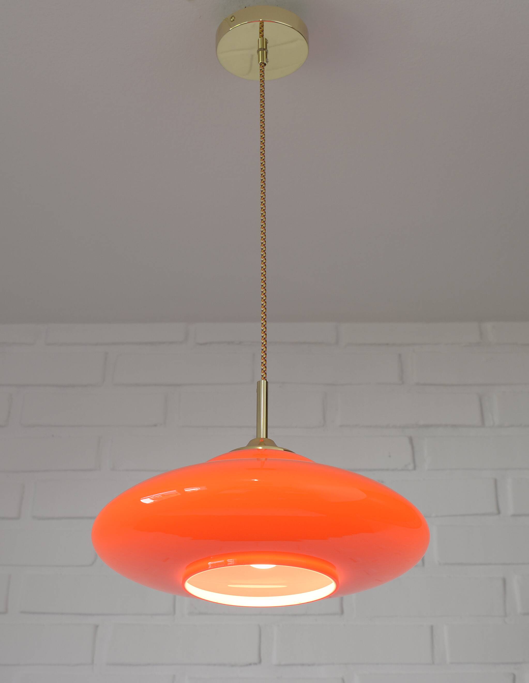 Vintage Orange Glass Pendant Light MCM Space Age Style Hanging Lamp 1970's