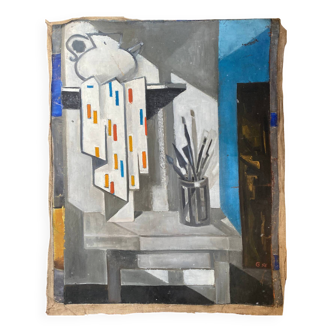 Tableau HST cubiste par Guy Feinstein (né en 1929) "L'atelier de l'artiste"