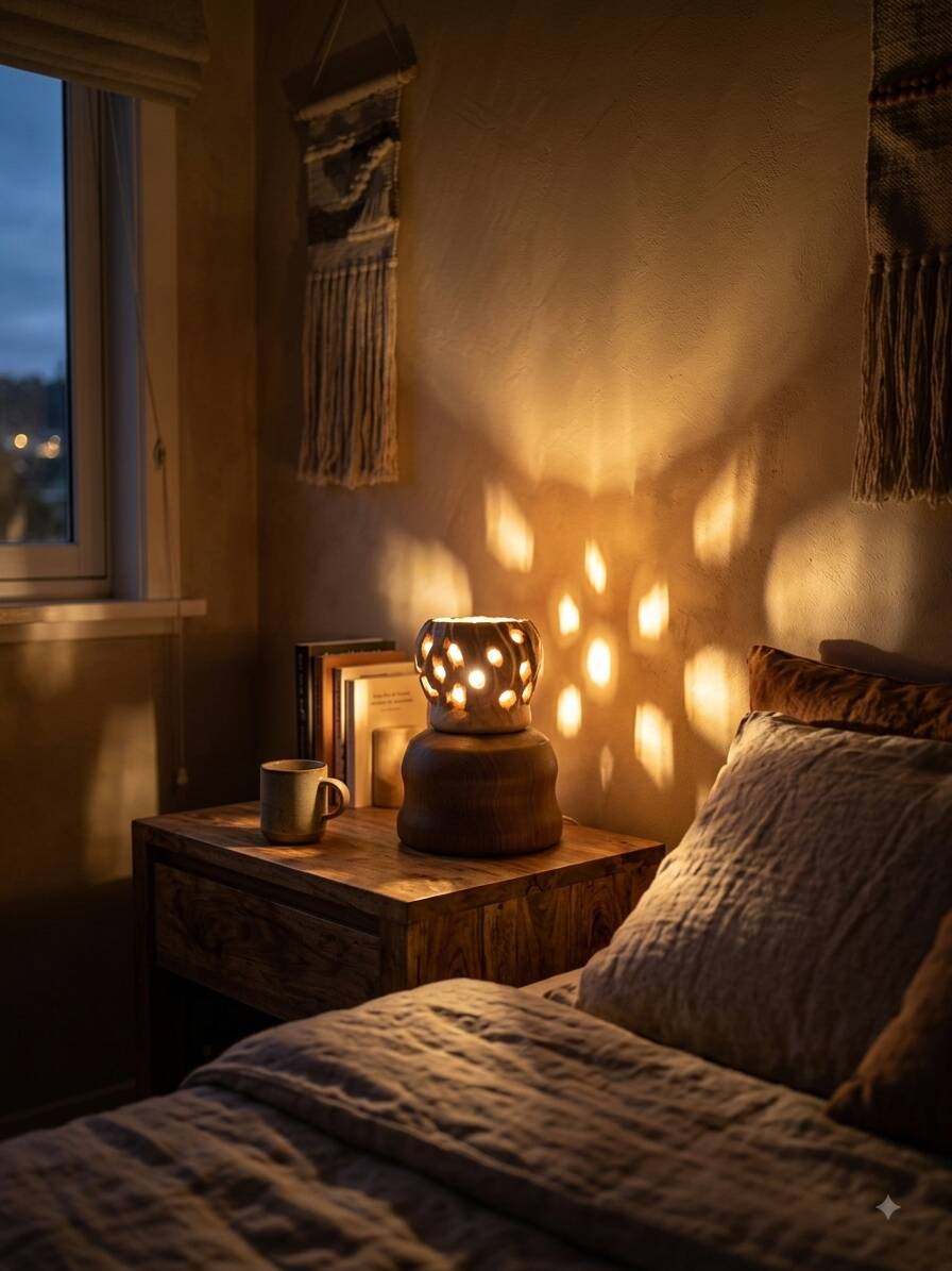Handcrafted table lamp in carved wood / Wabi-Sabi & Organic style