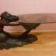 Coffee table, young woman in resin, smoked and beveled glass