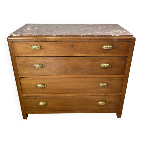 Commode Art Déco en bois, marbre rouge et poignées en laiton