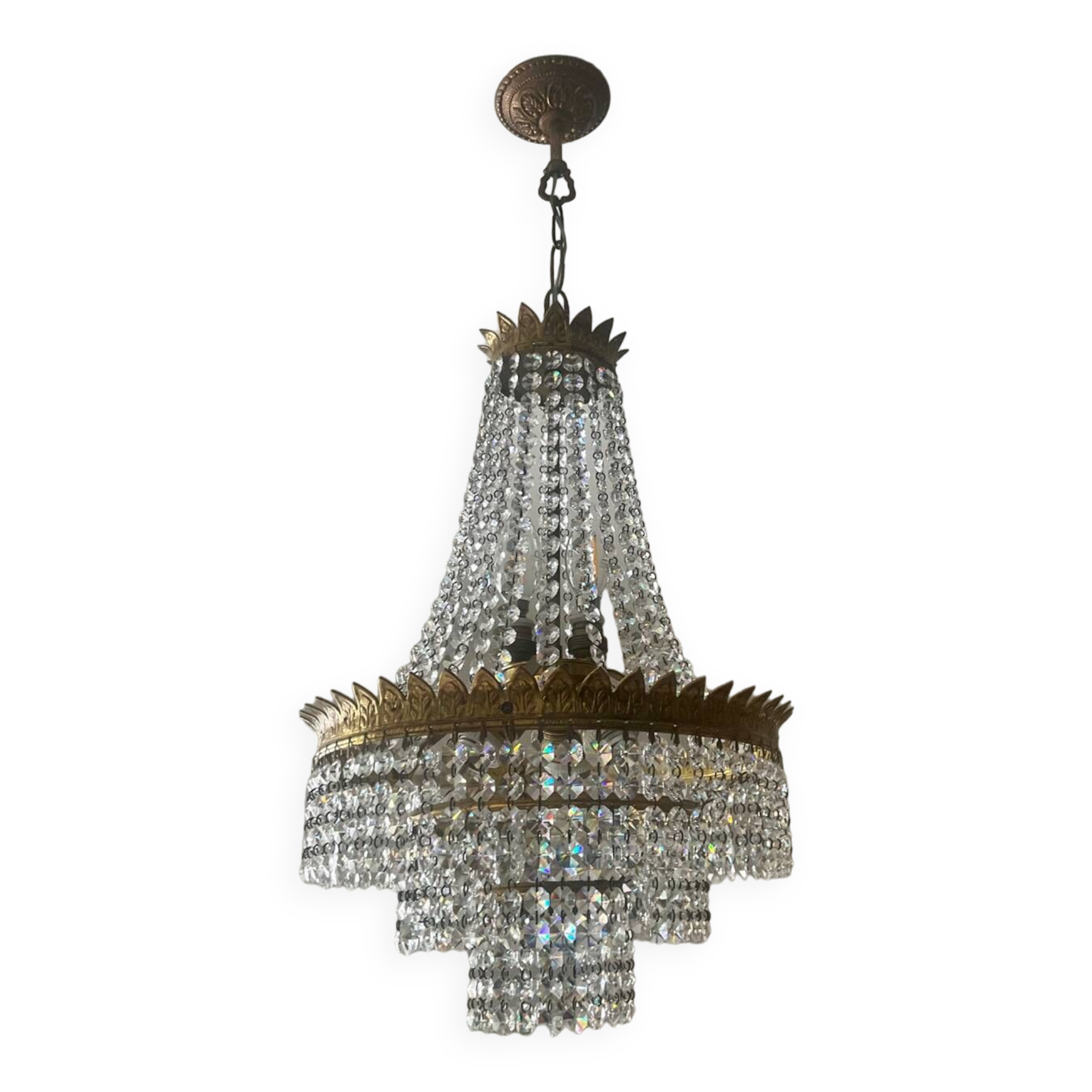 Hot air balloon chandelier in brass and crystal pendants