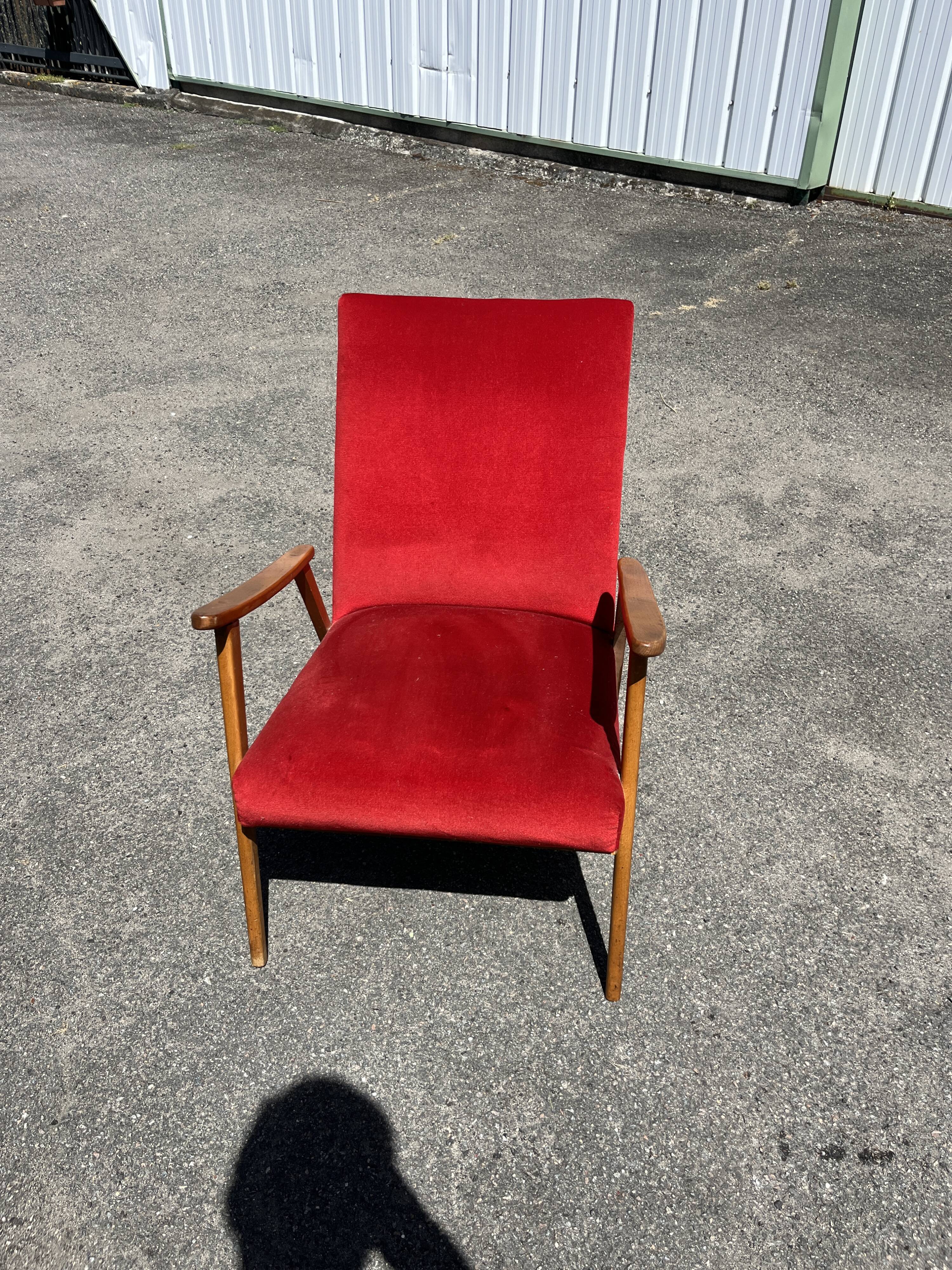 Vintage Armchair 50s/60s Scandinavian Style - Red Velvet and Compass