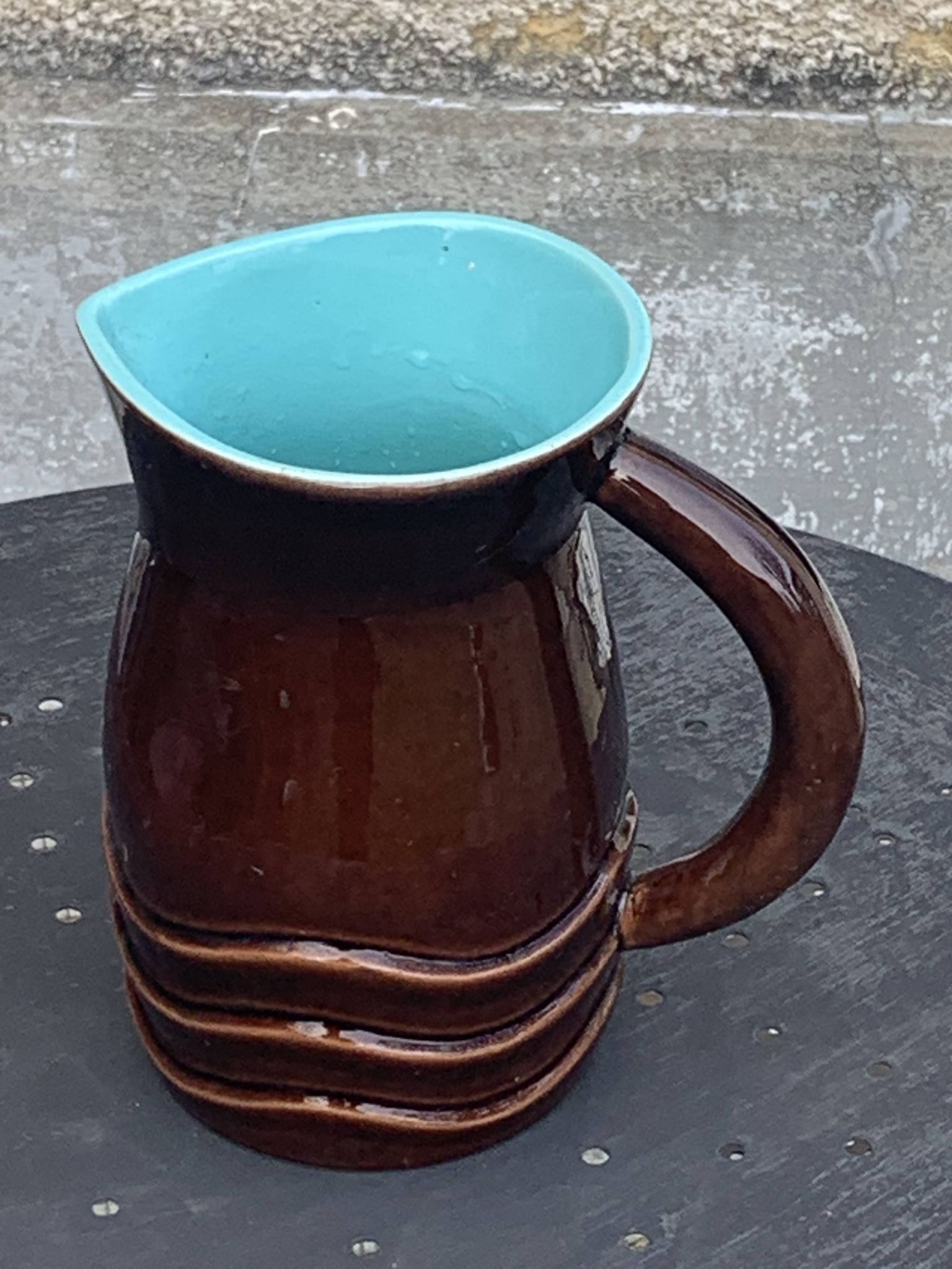 Jug, pitcher, pl france, poet laval, undulate, vintage 1950 in enameled ceramic, brown, turquoise