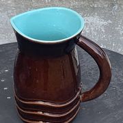 Jug, pitcher, pl france, poet laval, undulate, vintage 1950 in enameled ceramic, brown, turquoise