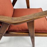 Teak armchair with red ribbed fabric Gelderlander Rob Parry
