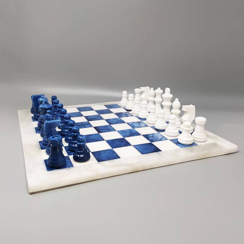 1970s Blue and White Chess Set in Volterra Alabaster Handmade. Made