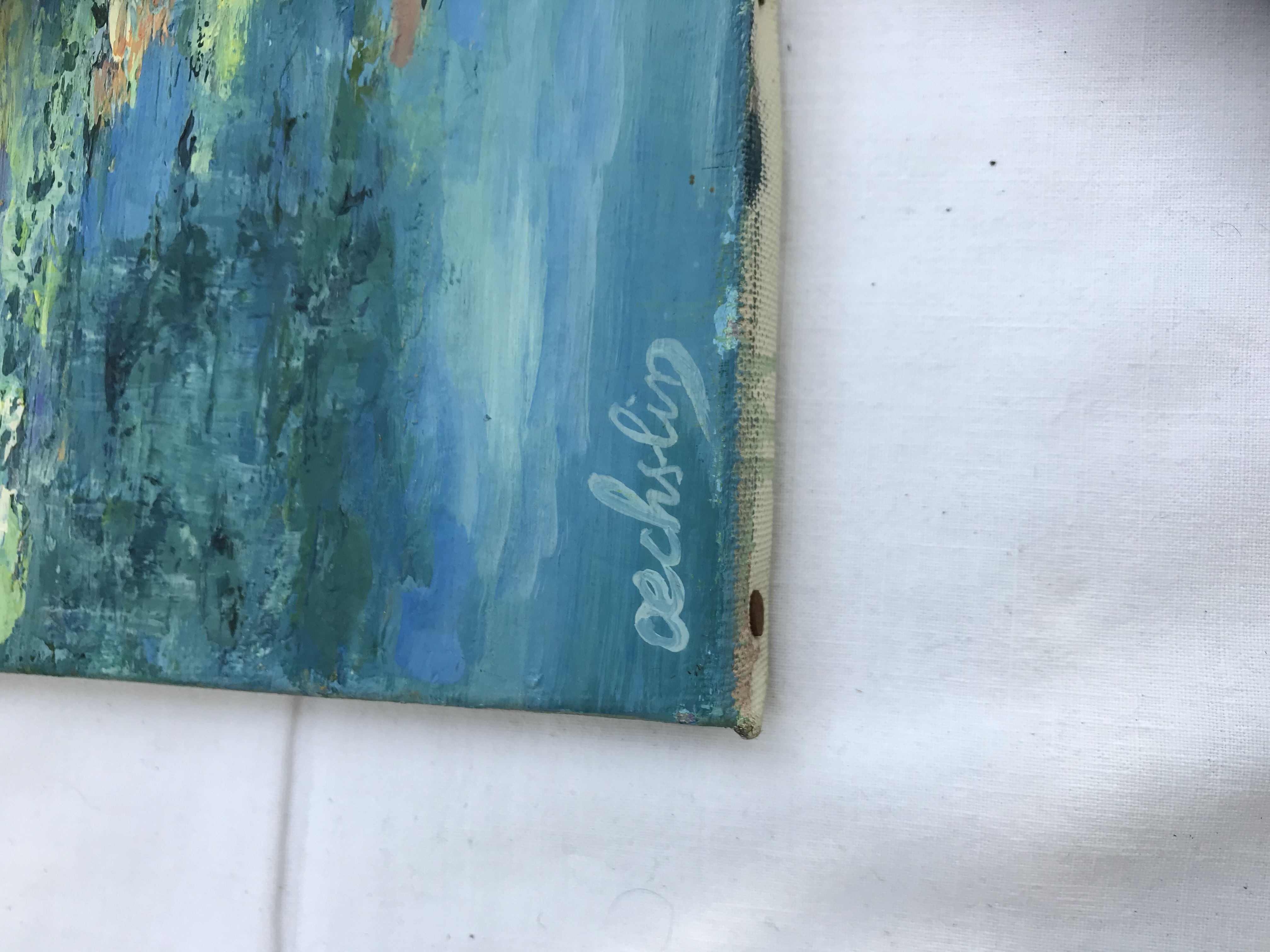 Painting painting oil on canvas Oechslin view village edge of vintage water