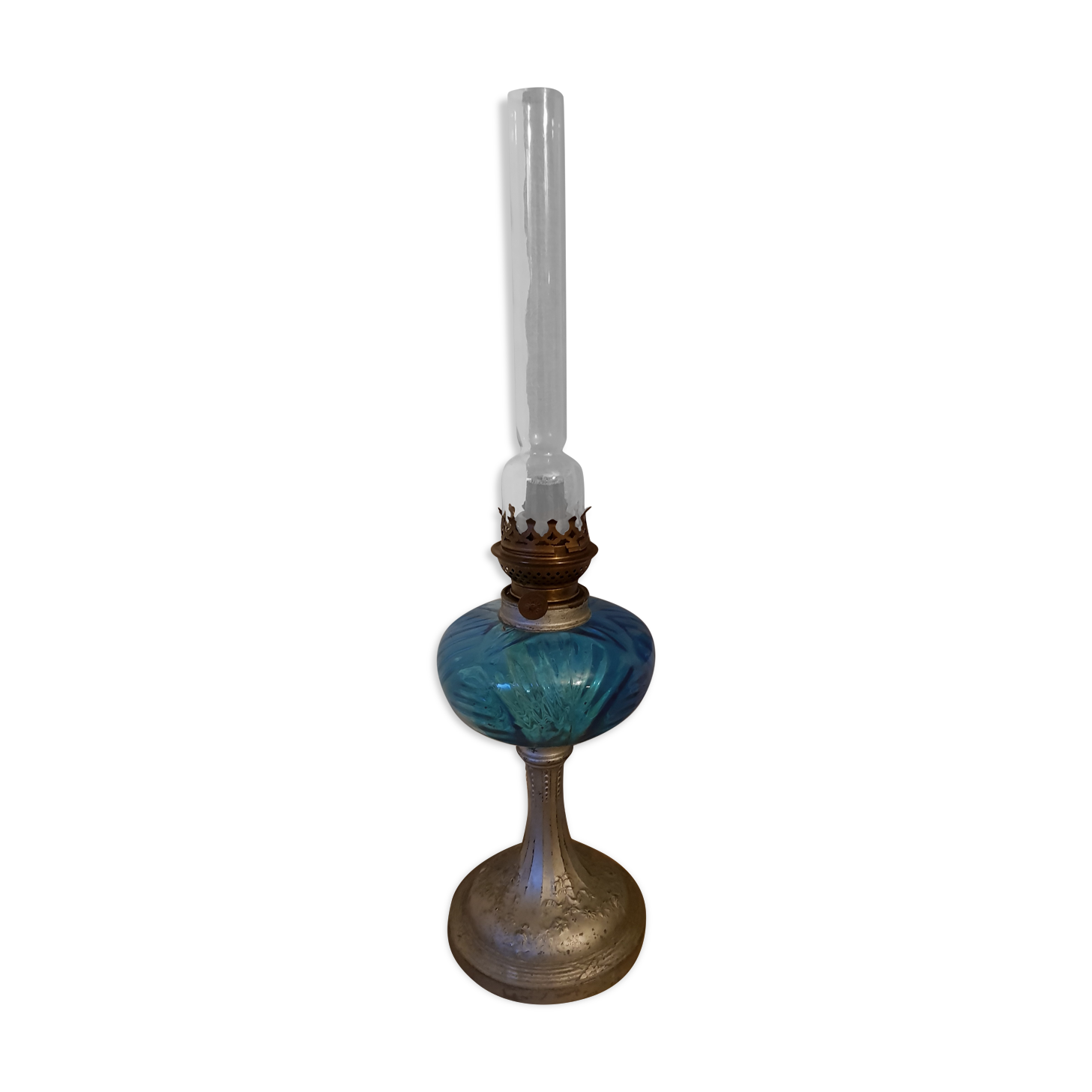 Former oil lamp foot metal silver blue glass
