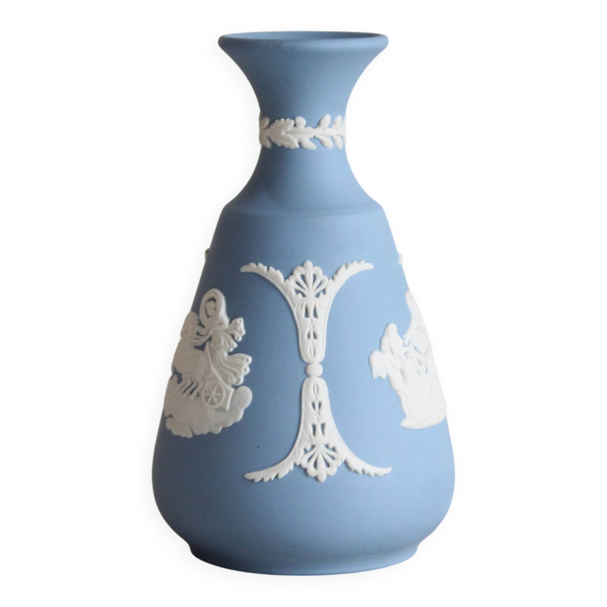 Blue porcelain vase by Wedgwood.