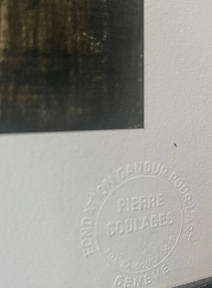 Large framed lithograph under glass by Pierre Soulages, Gandur Foundation.