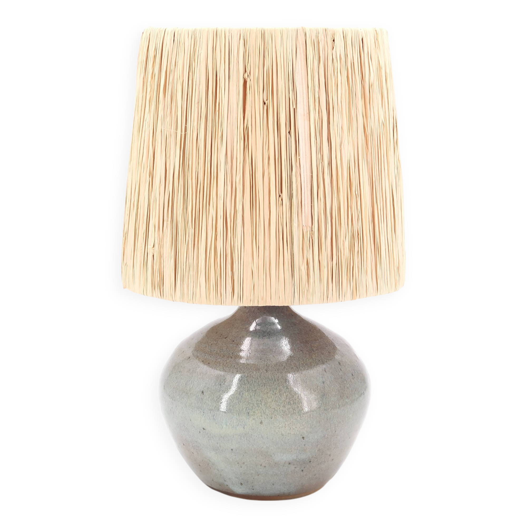 Grey-blue ceramic lamp, raffia lampshade, 1960s