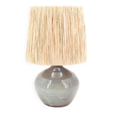Grey-blue ceramic lamp, raffia lampshade, 1960s