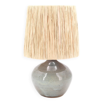 Grey-blue ceramic lamp, raffia lampshade, 1960s