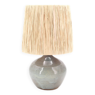 Grey-blue ceramic lamp, raffia lampshade, 1960s