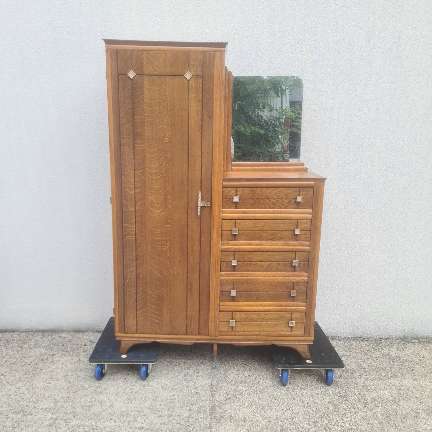 Asymmetrical storage unit Dresser wardrobe with vintage mirror 1950