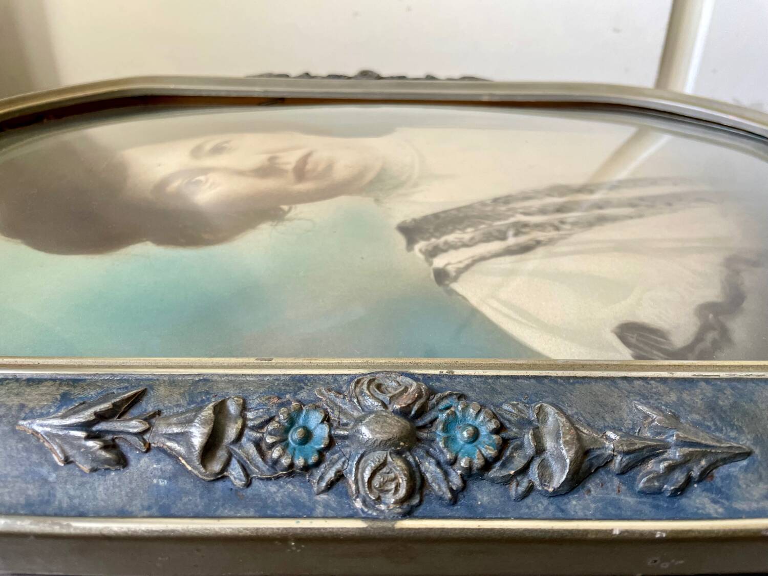 Giant antique  v silver & blue colored picture frame  hand painted black & white  antique photo portait of a lady   with convex   bubble glass   frame  53 cm x 35 cm