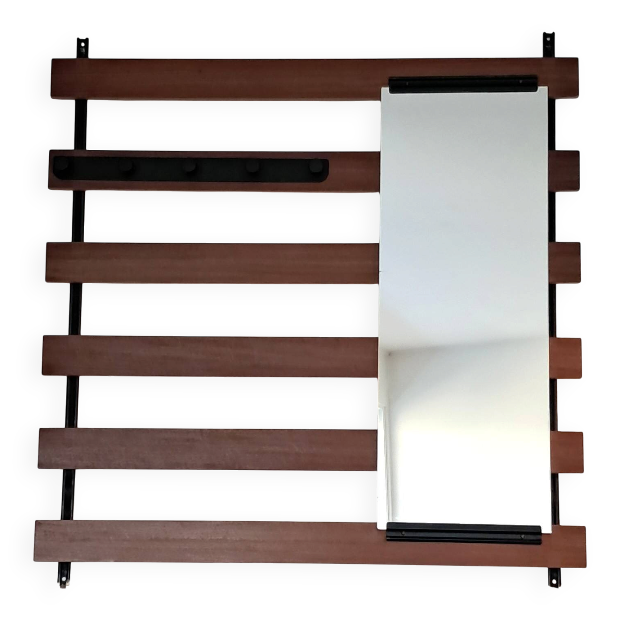 Vintage teak wall coat rack with 5 hooks and mirror.