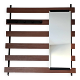 Vintage teak wall coat rack with 5 hooks and mirror.