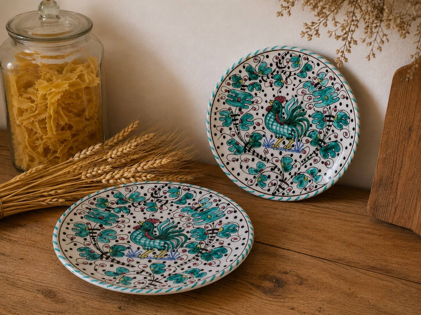 Duo d’assiettes Deruta Etrusca coq vert majolique italienne