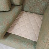 Pierre Frey modernist bench in green and gold patterned fabric