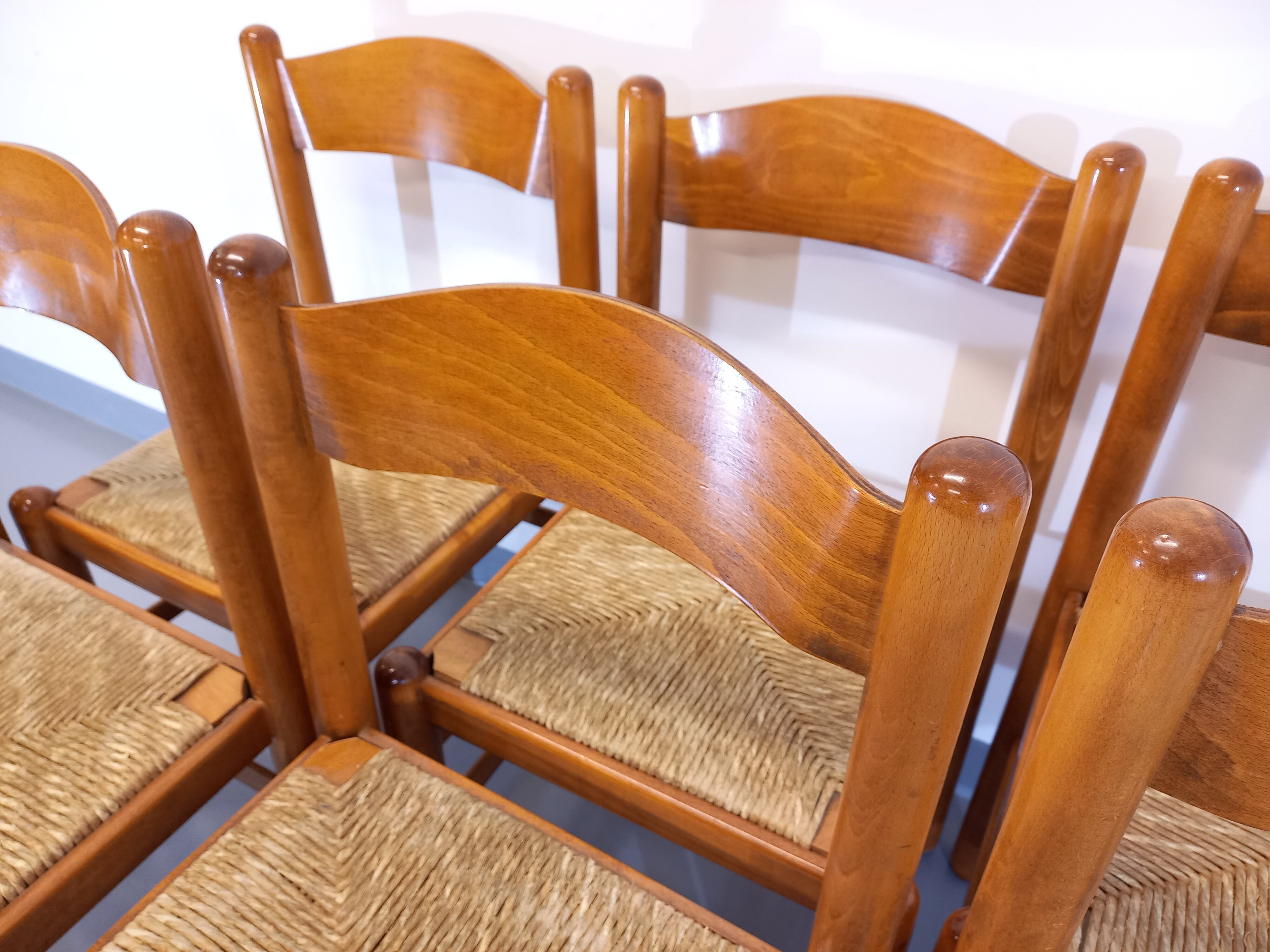 Suite of 6 vintage chairs in light wood and straw from the 70s 80s