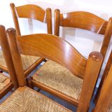 Suite of 6 vintage chairs in light wood and straw from the 70s 80s