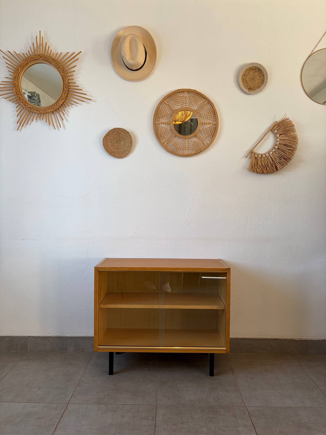 Vintage oak display cabinet from the 1960s.